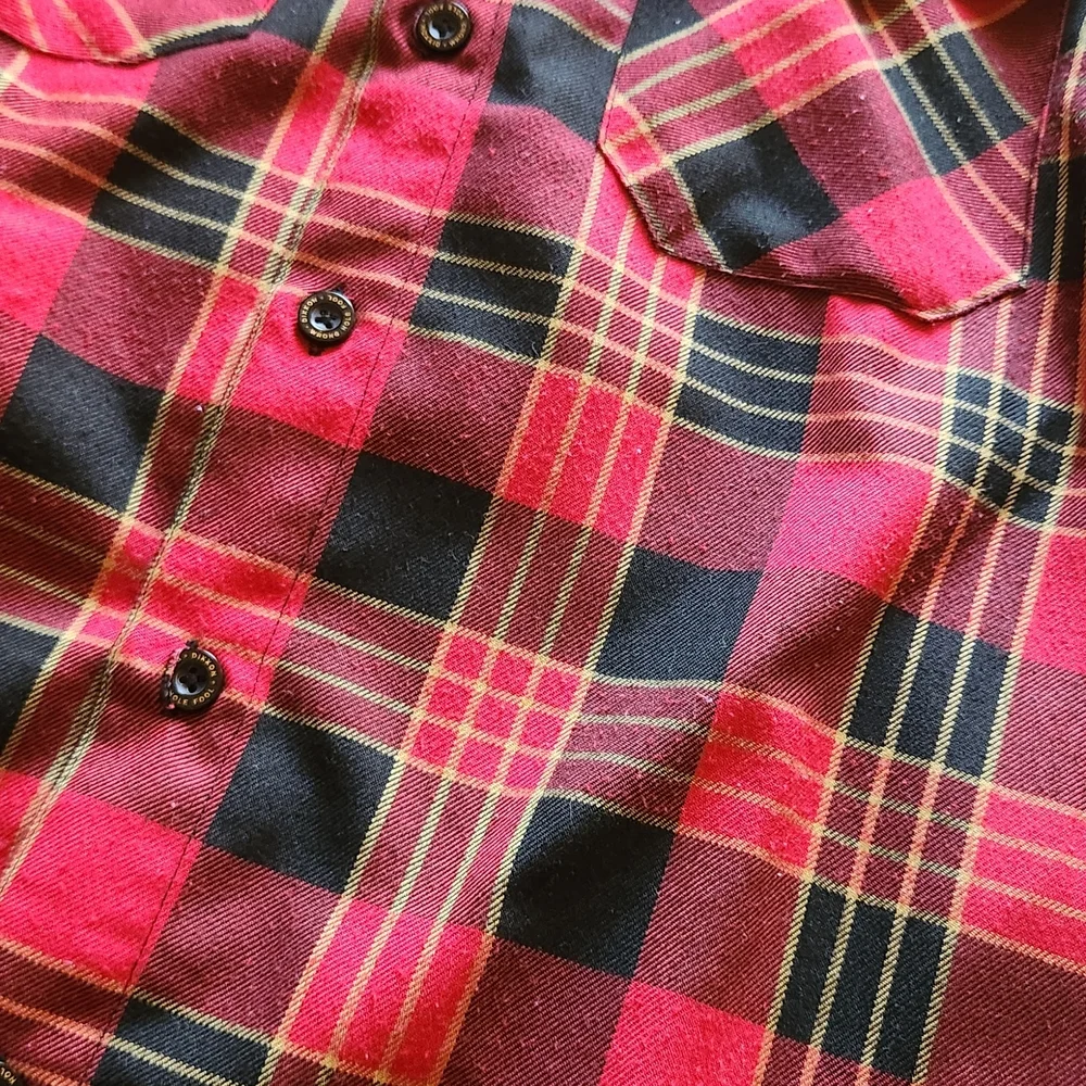 DIXXON Red and Black Plaid Casual Button-Down Shirt with Yellow Accents - Picture 2 of 4